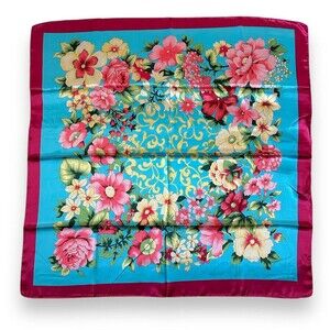 Red Wine Edges  & Yellow Floral Scarf 35” X 35” Women Blue Scarve Headscarf